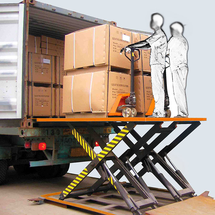 YLF2500H - стационарный ножничный гидравлический стол подъемник для паллет г/п 2500 кг, подъем на 1700 мм. Платформа 2600×2000 мм, для загруки и выгрузки грузов в кузова автомобилей и фургонов, для подъема тележек с грузом на пандус