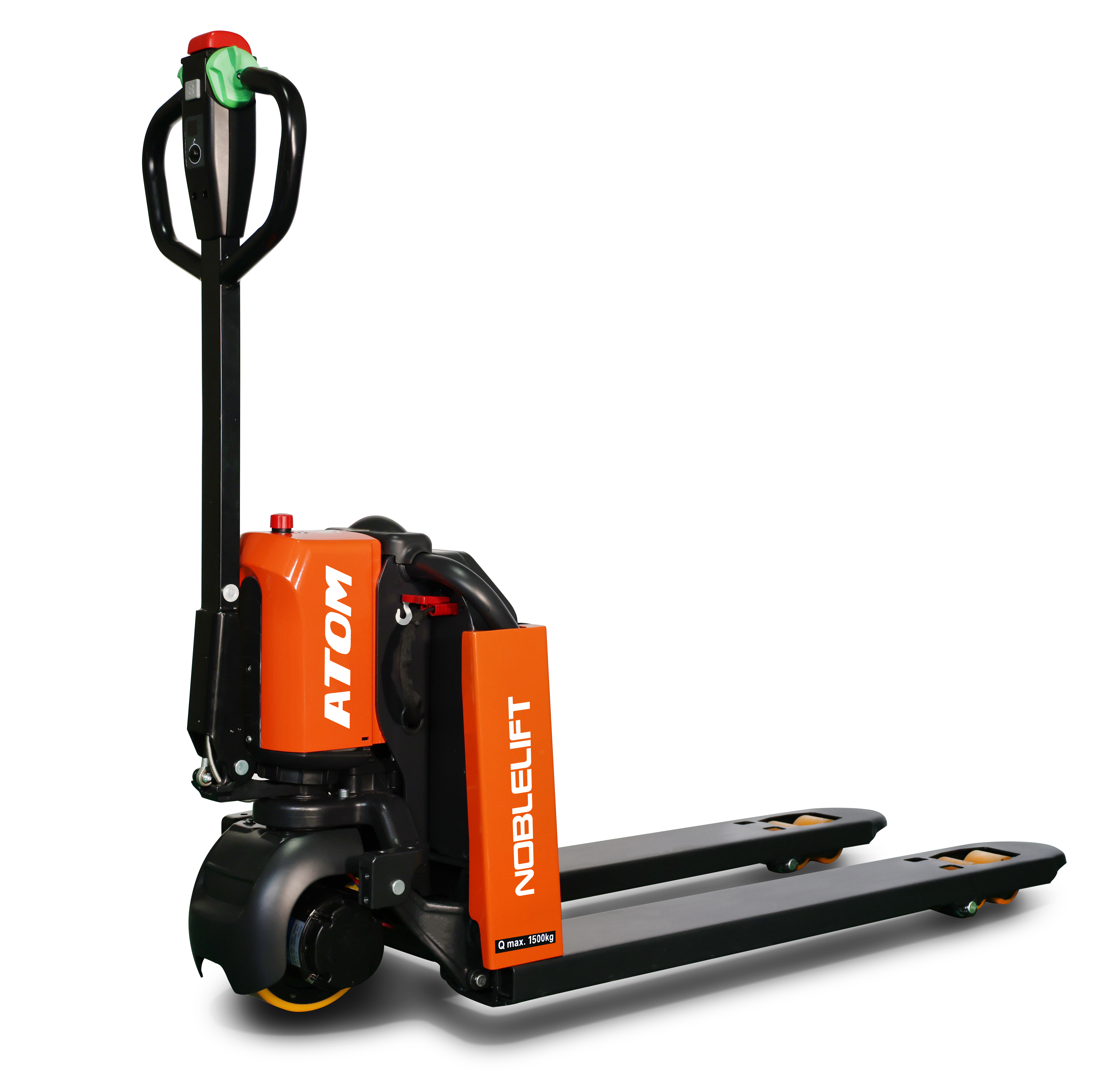 Самоходные тележки (электротележки) PTE15Q (ATOM) от дистрибьютора Noblelift купить. PTE15Q (ATOM) - самоходная электрическая рохля начального уровня грузоподъемностью 1.5 тонны, DC-двигатель хода, съемная Li-Ion батарея, PU ведущее колесо